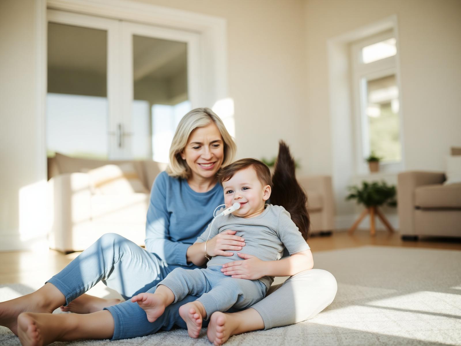 A mother sitting on the floor at home holding her young son, who has a feeding tube