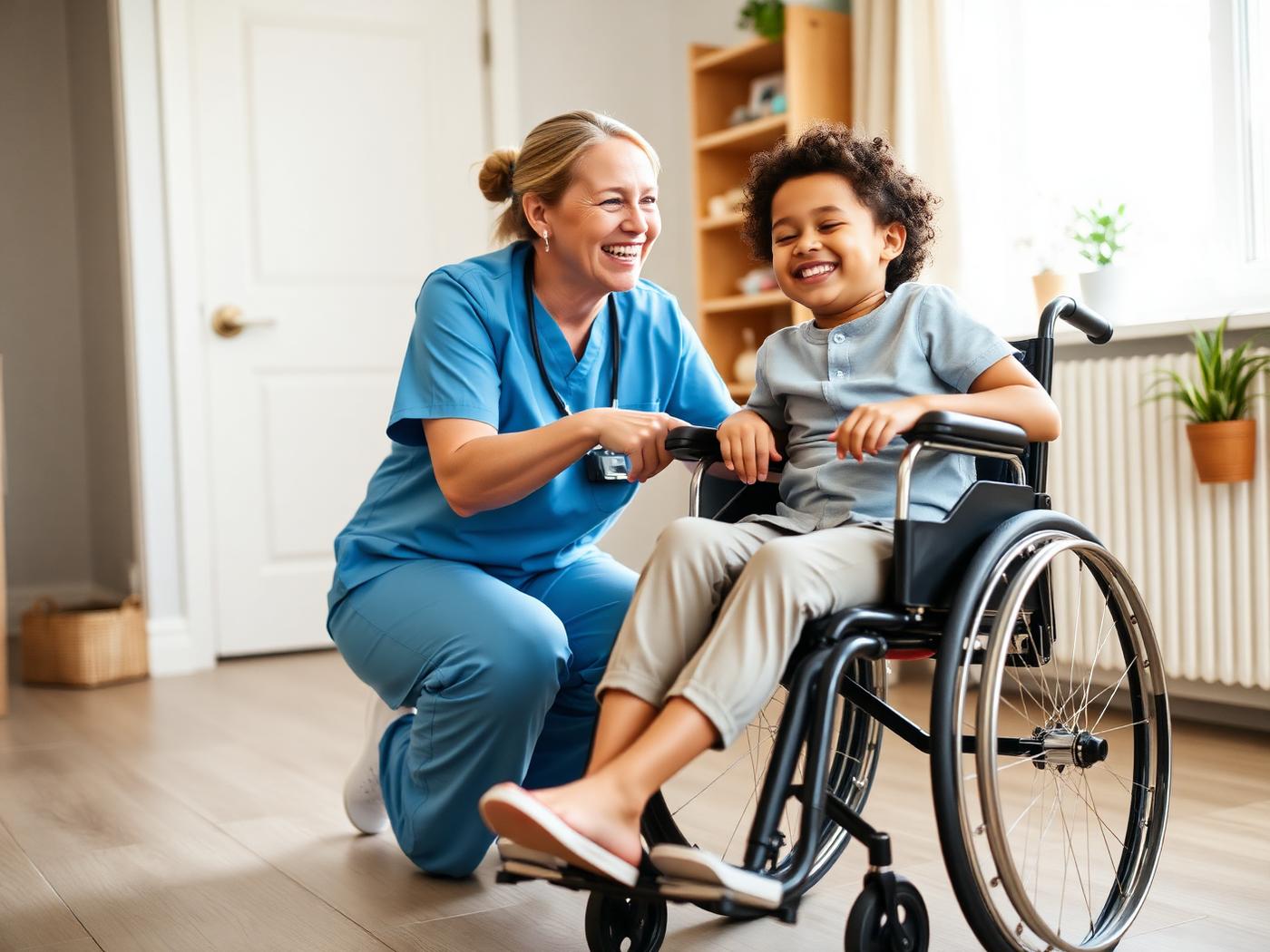 A pediatric home nurse laughing with a child seated in a wheelchair